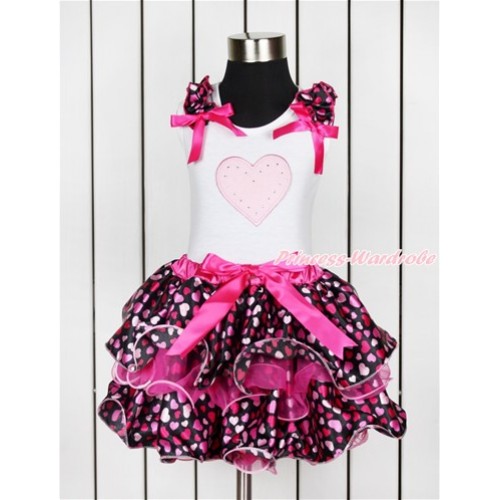 Valentine's Day White Baby Pettitop with Hot Light Pink Heart Ruffles & Hot Pink Bow & Light Pink Heart Print with Hot Pink Bow Hot Pink Hot Light Pink Heart Petal Baby Pettiskirt NN161 